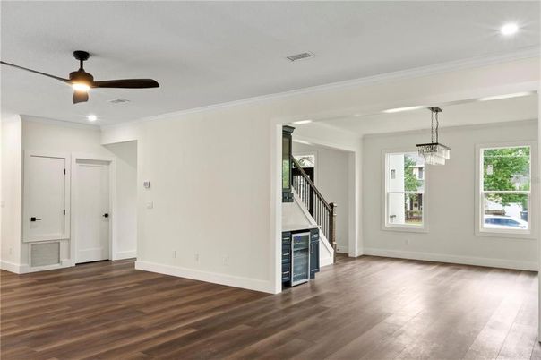 Empty room, Interior, Pendant Lights, Recessed Lighting, Wood Texture Flooring