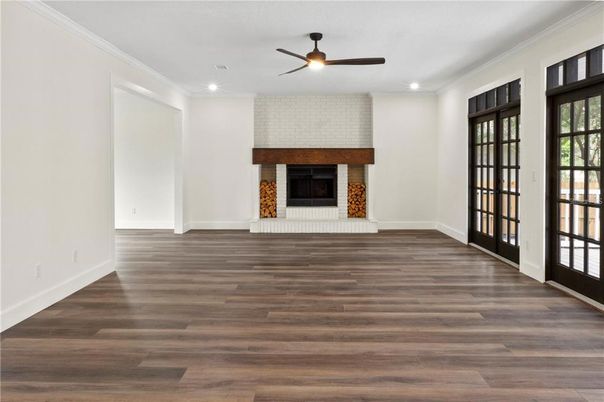 Empty room, Fireplace, Interior, Recessed Lighting, Wood Texture Flooring