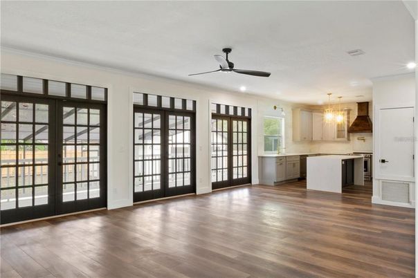 Chandelier, Empty room, Interior, Kitchen, Recessed Lighting, Wood Texture Flooring