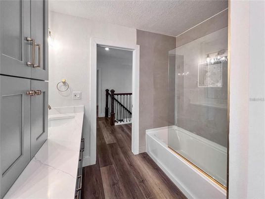 Bathroom, Glass Shower, Interior, Wood Texture Flooring