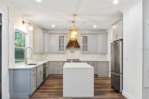 Interior, Kitchen, Pendant Lights, Recessed Lighting, Stainless Steel Appliances, Wood Texture Flooring