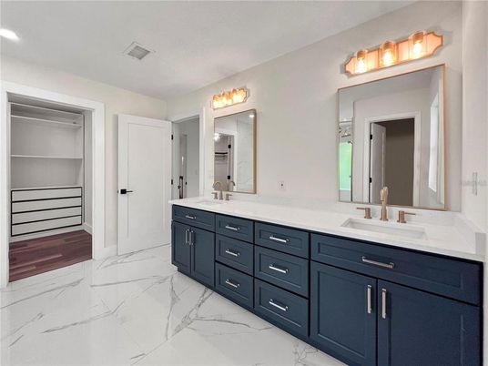 Bathroom, Dual Sink Vanities, Interior, Marble, Wood Texture Flooring