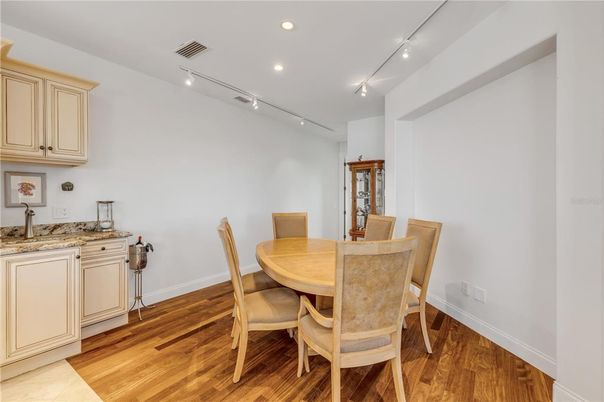 Dining room, Interior, Recessed Lighting, Wood Texture Flooring