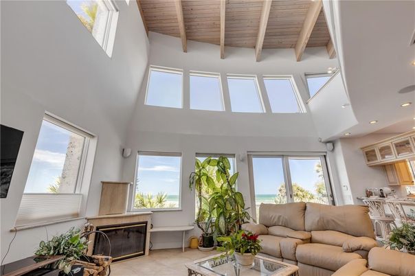 Fireplace, Interior, Living room, Recessed Lighting, Water, Wooden Beams, Wooden Ceilings