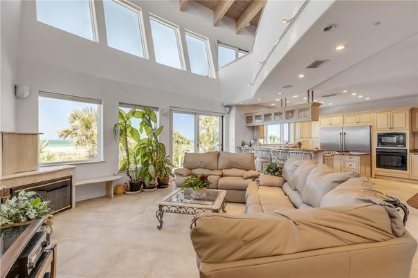 Fireplace, Interior, Kitchen, Living room, Recessed Lighting, Stainless Steel Appliances