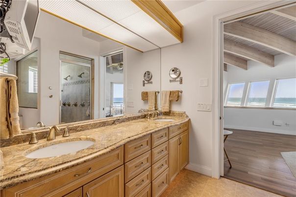 Bathroom, Dual Sink Vanities, Interior, Water, Wooden Beams, Wood Texture Flooring