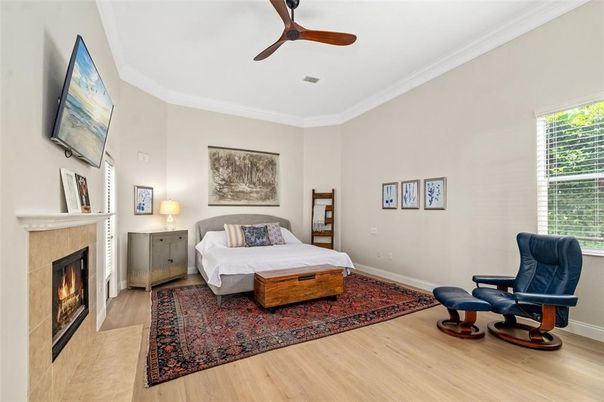 Bedroom, Fireplace, Interior, Wood Texture Flooring