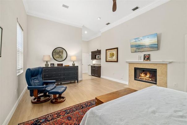 Bedroom, Fireplace, Interior, Recessed Lighting, Wood Texture Flooring
