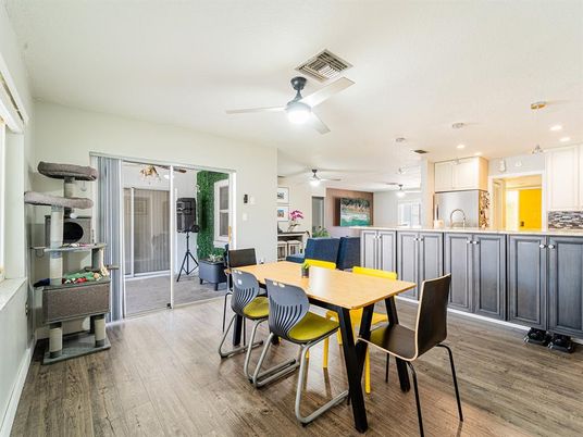 Dining room, Interior, Kitchen, Recessed Lighting, Wood Texture Flooring