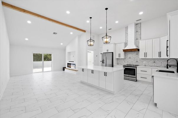 Interior, Kitchen, Marble, Pendant Lights, Recessed Lighting, Stainless Steel Appliances, Wooden Beams