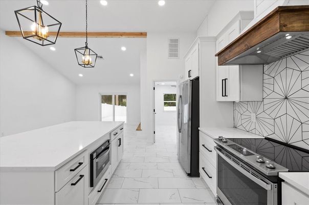 Interior, Kitchen, Marble, Pendant Lights, Recessed Lighting, Wooden Beams
