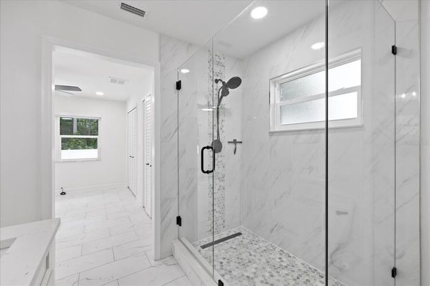 Bathroom, Glass Shower, Interior, Marble, Marble Walls, Recessed Lighting
