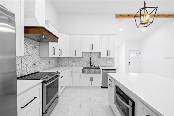 Interior, Kitchen, Marble, Pendant Lights, Recessed Lighting, Stainless Steel Appliances