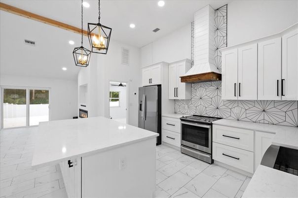 Interior, Kitchen, Marble, Pendant Lights, Recessed Lighting, Stainless Steel Appliances