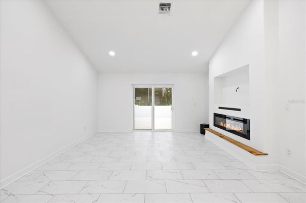 Empty room, Fireplace, Interior, Marble, Recessed Lighting