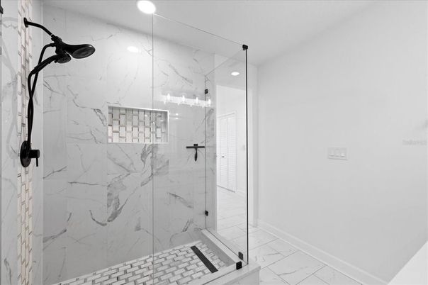 Bathroom, Glass Shower, Interior, Marble, Marble Walls, Recessed Lighting