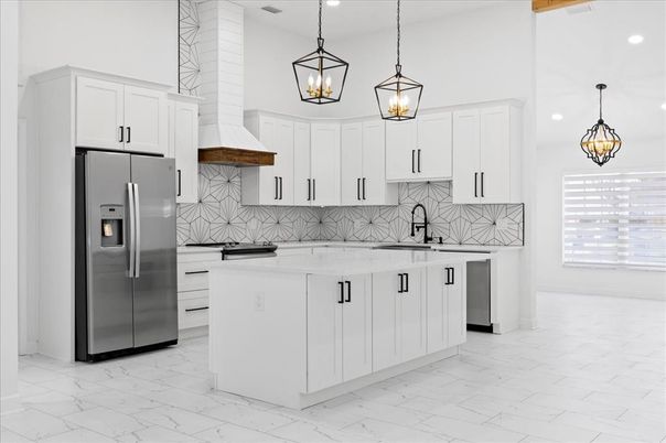 Interior, Kitchen, Marble, Pendant Lights, Recessed Lighting, Stainless Steel Appliances
