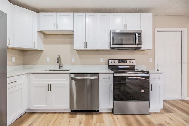 Interior, Kitchen, Stainless Steel Appliances, Wood Texture Flooring