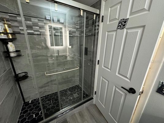 Bathroom, Glass Shower, Interior, Wood Texture Flooring
