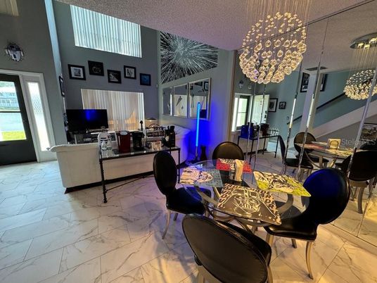 Dining room, Interior, Living room, Marble, Pendant Lights