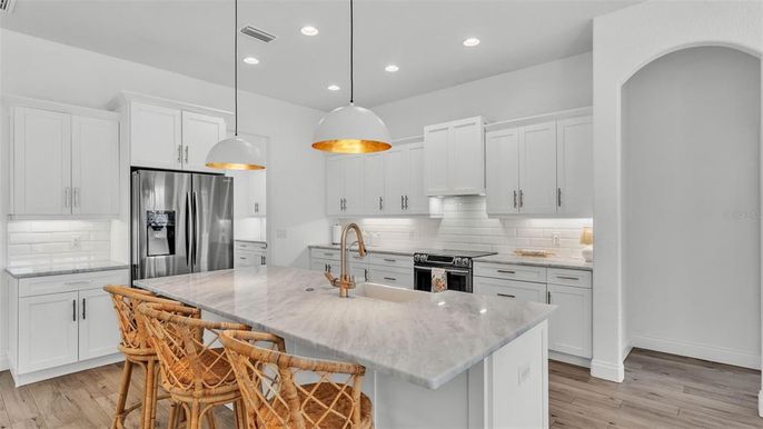 Interior, Kitchen, Pendant Lights, Recessed Lighting, Stainless Steel Appliances, Wood Texture Flooring