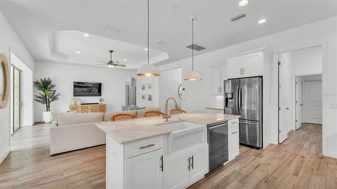 Interior, Kitchen, Living room, Pendant Lights, Recessed Lighting, Stainless Steel Appliances, Wood Texture Flooring