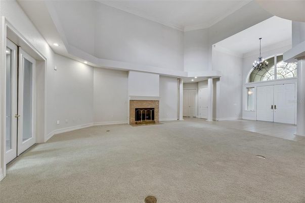 Chandelier, Empty room, Fireplace, Interior, Recessed Lighting