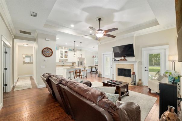 Fireplace, Interior, Kitchen, Living room, Pendant Lights, Recessed Lighting, Wood Texture Flooring