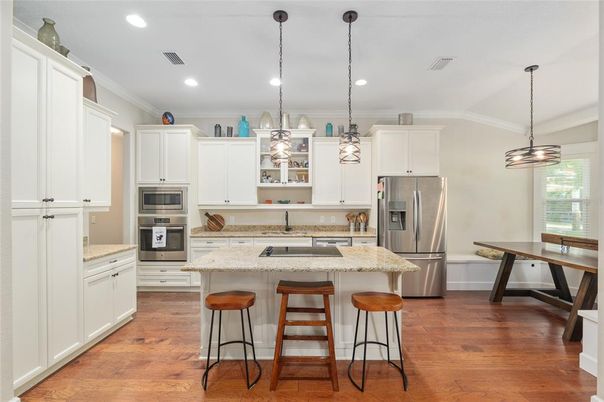 Interior, Kitchen, Pendant Lights, Recessed Lighting, Stainless Steel Appliances, Wood Texture Flooring