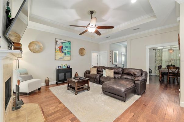 Dining room, Fireplace, Interior, Living room, Wood Texture Flooring