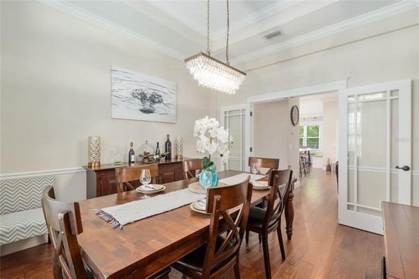 Chandelier, Dining room, Interior, Wood Texture Flooring