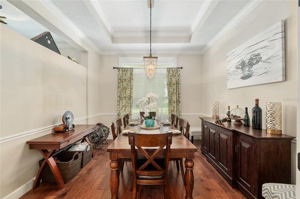 Chandelier, Dining room, Interior, Pendant Lights, Wood Texture Flooring