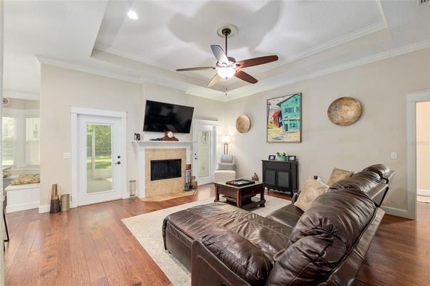 Fireplace, Interior, Living room, Recessed Lighting, Wood Texture Flooring