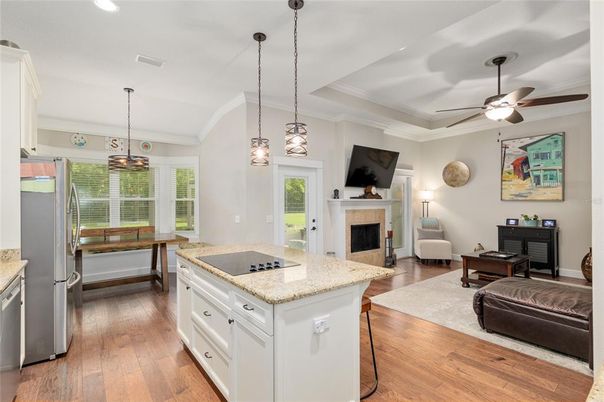 Fireplace, Interior, Living room, Pendant Lights, Recessed Lighting, Wood Texture Flooring
