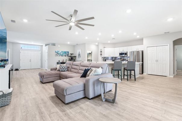 Interior, Kitchen, Living room, Recessed Lighting, Stainless Steel Appliances, Wood Texture Flooring