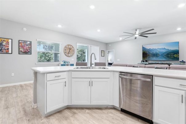 Interior, Kitchen, Recessed Lighting, Stainless Steel Appliances, Wood Texture Flooring