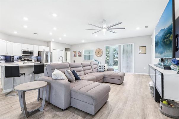 Interior, Kitchen, Living room, Recessed Lighting, Stainless Steel Appliances, Wood Texture Flooring