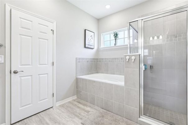 Bathroom, Glass Shower, Interior, Recessed Lighting, Wood Texture Flooring