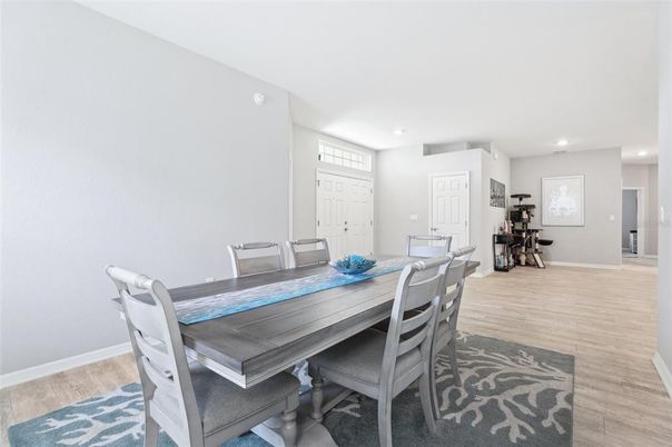Dining room, Interior, Recessed Lighting, Wood Texture Flooring