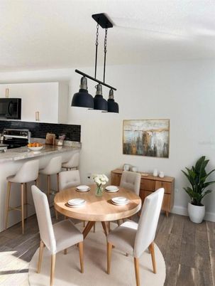 Dining room, Interior, Kitchen, Pendant Lights, Wood Texture Flooring
