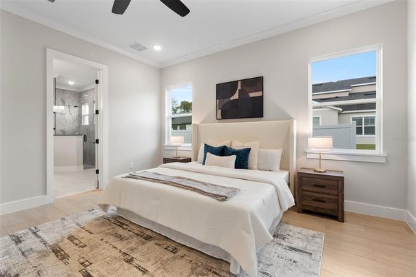 Bathroom, Bedroom, Glass Shower, Interior, Recessed Lighting, Wood Texture Flooring