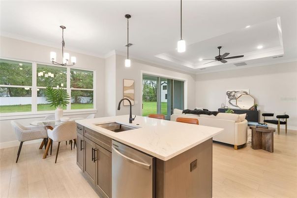 Dining room, Interior, Kitchen, Living room, Pendant Lights, Recessed Lighting, Wood Texture Flooring