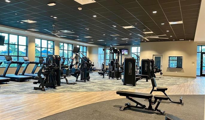 Fitness Equipment, Gym, Interior, Recessed Lighting, Wood Texture Flooring