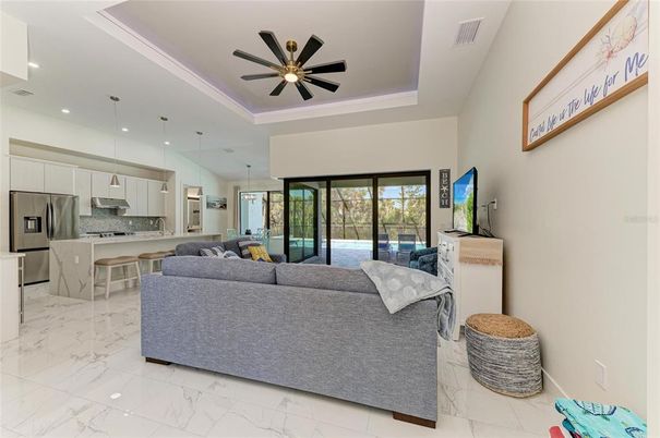 Interior, Kitchen, Living room, Marble, Pendant Lights, Recessed Lighting, Stainless Steel Appliances