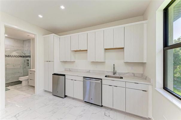 Interior, Kitchen, Marble, Marble Walls, Recessed Lighting, Stainless Steel Appliances