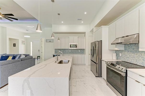 Interior, Kitchen, Living room, Marble, Pendant Lights, Recessed Lighting, Stainless Steel Appliances