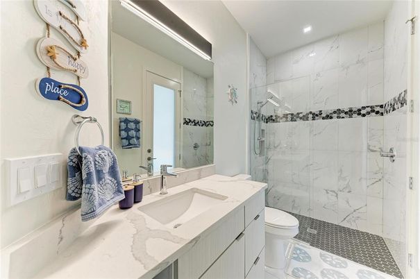 Bathroom, Glass Shower, Interior, Marble Walls, Recessed Lighting
