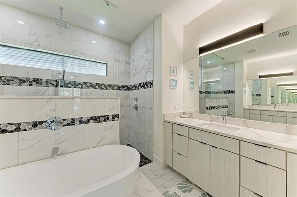 Bathroom, Dual Sink Vanities, Free Standing Baths, Interior, Marble, Marble Walls, Recessed Lighting