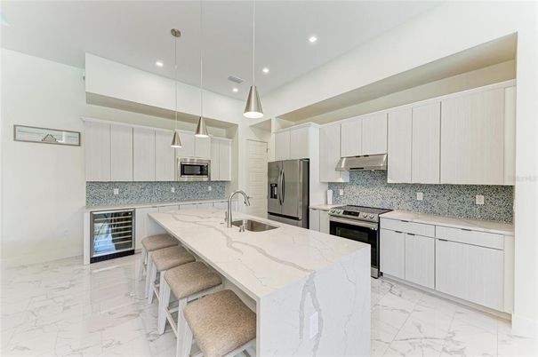 Interior, Kitchen, Marble, Pendant Lights, Recessed Lighting, Stainless Steel Appliances