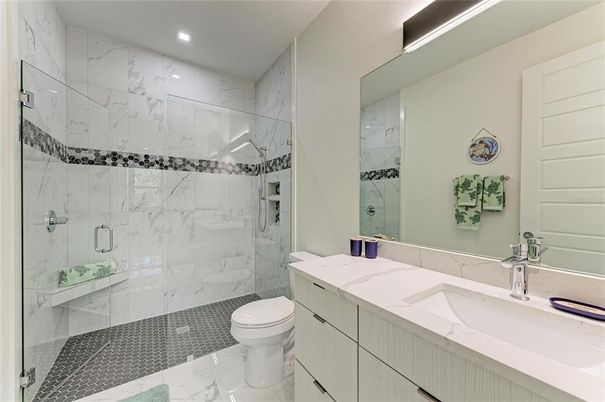 Bathroom, Glass Shower, Interior, Marble, Marble Walls, Recessed Lighting